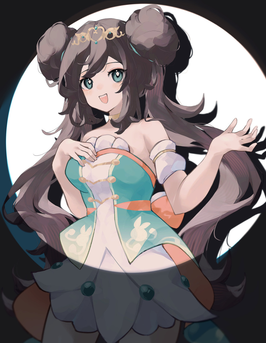 1girl absurdres asatte_3z bare_shoulders breasts brown_hair cowboy_shot double_bun dress drop_shadow hair_bun hand_on_own_chest highres looking_at_viewer medium_breasts nintendo official_alternate_costume pokemon pokemon_masters_ex rosa_(champion)_(pokemon) rosa_(pokemon) solo strapless strapless_dress tiara