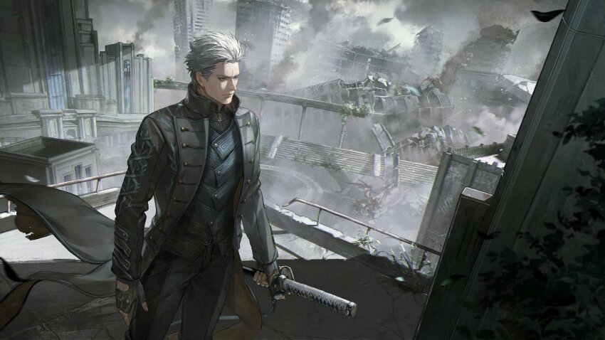 1boy belt blue_coat blue_eyes closed_mouth coat devil_may_cry_(series) devil_may_cry_5 fingerless_gloves gloves hair_slicked_back highres holding holding_sword holding_weapon katana male_focus official_art pants punishing:_gray_raven short_hair solo sword vergil_(devil_may_cry) weapon white_hair yamato_(sword)