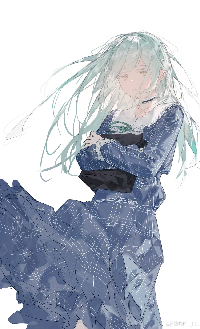 1girl absurdres bang_dream! bang_dream!_it&#039;s_mygo!!!!! black_choker blue_dress chinese_commentary choker commentary_request dkl_(dinosaurkl2) dress frilled_choker frills green_hair green_ribbon hair_ornament hairclip highres long_hair long_sleeves looking_at_viewer neck_ribbon open_mouth plaid_clothes plaid_dress ribbon sidelocks simple_background solo wakaba_mutsumi white_background