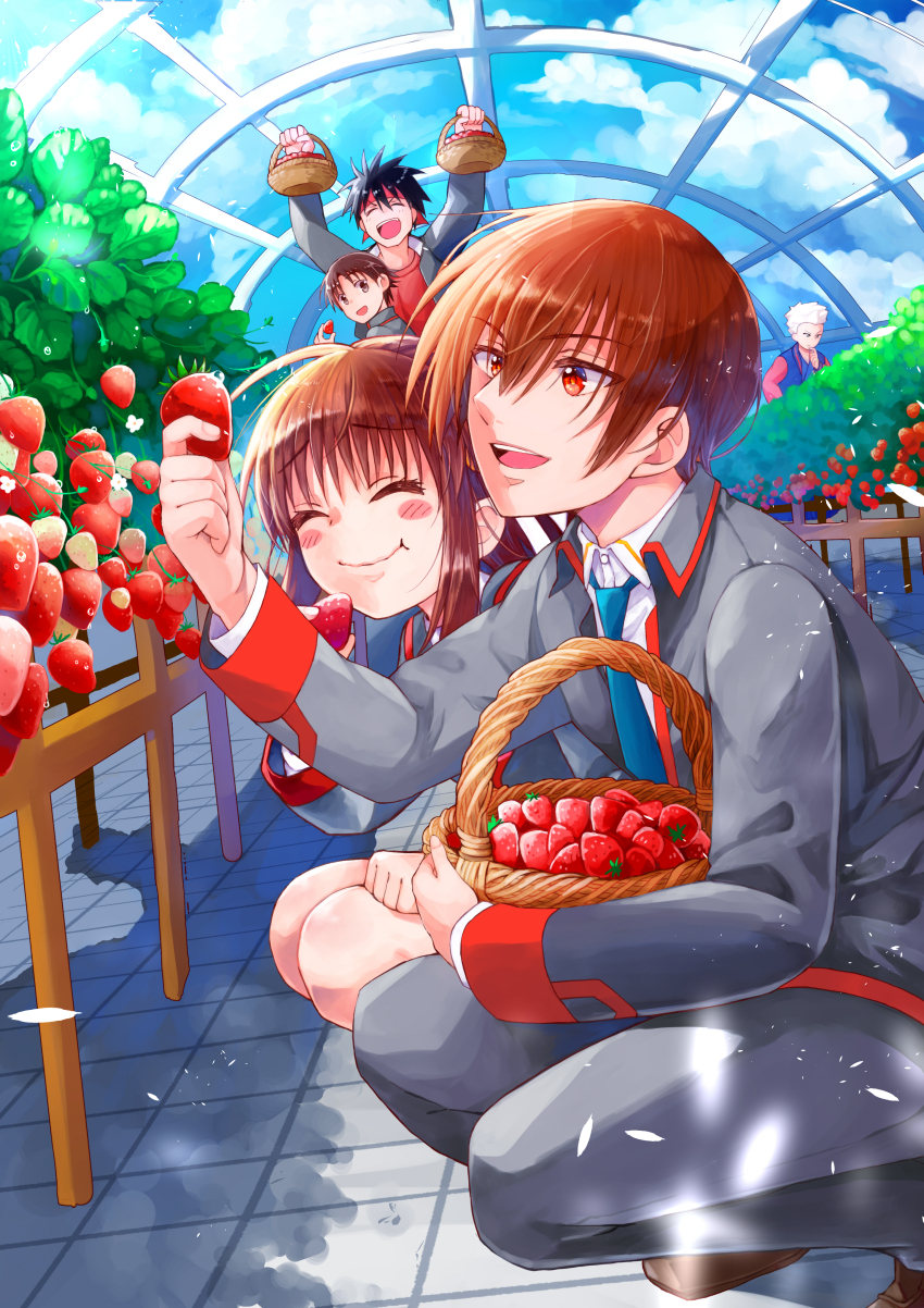 1girl 2022 4boys :d :t ^_^ absurdres ahoge arms_up basket black_hair black_jacket blue_necktie blush_stickers brother_and_sister brown_eyes brown_hair clenched_hand closed_eyes closed_mouth collared_shirt commentary_request dated_commentary day dual_wielding eating eyes_visible_through_hair fang flower food foot_out_of_frame fruit fruit_focus greenhouse grey_hair hair_between_eyes hand_up happy highres holding holding_basket holding_food holding_fruit indoors inohara_masato jacket leaf light_particles little_busters! little_busters!_school_uniform long_hair long_sleeves looking_at_viewer miyazawa_kengo multiple_boys naoe_riki natsume_kyousuke natsume_rin necktie open_clothes open_jacket open_mouth rakka red_eyes school_uniform shirt short_hair siblings sidelocks smile spiked_hair squatting straight_hair strawberry teeth tile_floor tiles tsurime upper_teeth_only v-shaped_eyebrows white_flower white_shirt