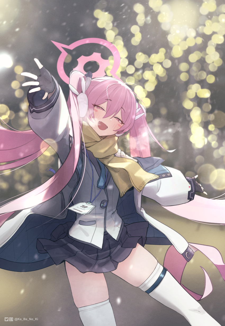 1girl absurdres black_skirt blue_archive blush cowboy_shot fingerless_gloves gloves halo highres jacket kabanoki koyuki_(blue_archive) looking_at_viewer orange_eyes outstretched_arms pink_hair shirt skirt smile snowing solo standing standing_on_one_leg steam_from_mouth thighhighs twintails white_jacket white_shirt white_thighhighs winter zettai_ryouiki