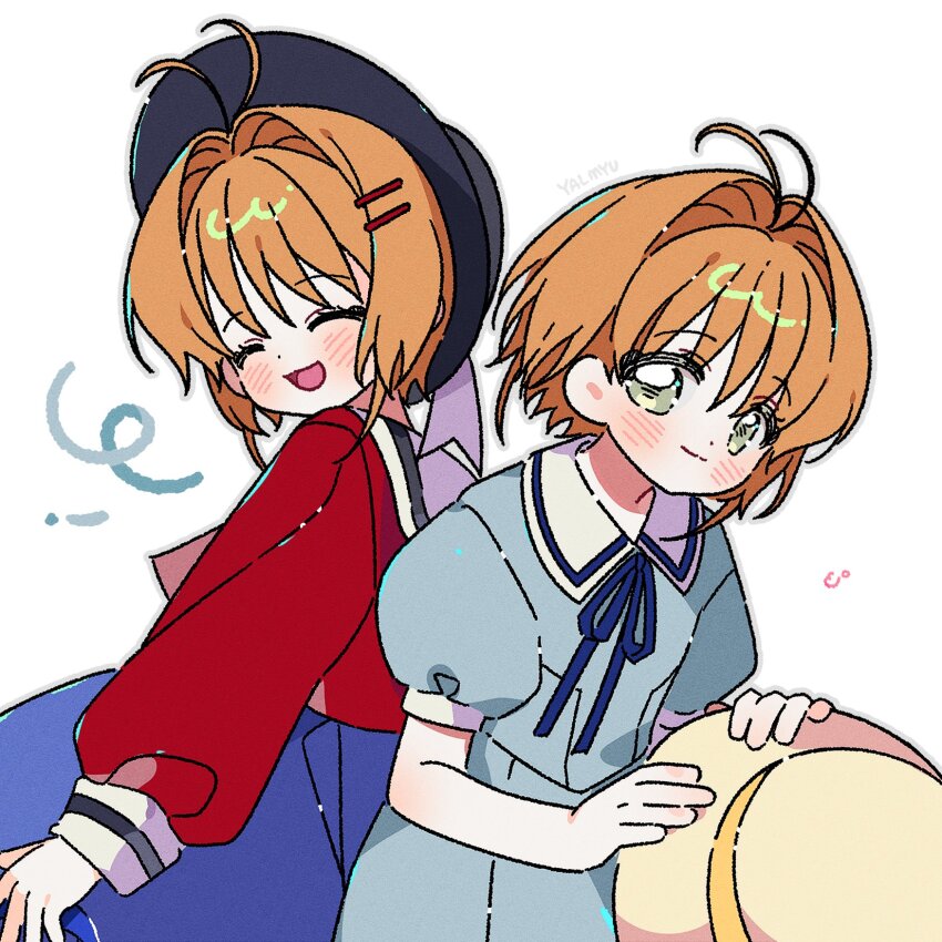 2girls :d ^_^ artist_name black_hat blue_dress blue_skirt blush brown_hair cardcaptor_sakura closed_eyes closed_mouth collared_dress contrast_collar dress dual_persona facing_viewer green_eyes grey_outline hair_ornament hairclip hat highres holding holding_unworn_clothes holding_unworn_hat kinomoto_sakura long_sleeves looking_at_viewer multiple_girls open_mouth outline red_shirt sailor_collar shirt short_hair short_sleeves simple_background skirt smile unworn_hat unworn_headwear upper_body white_background white_sailor_collar yalmyu yellow_hat