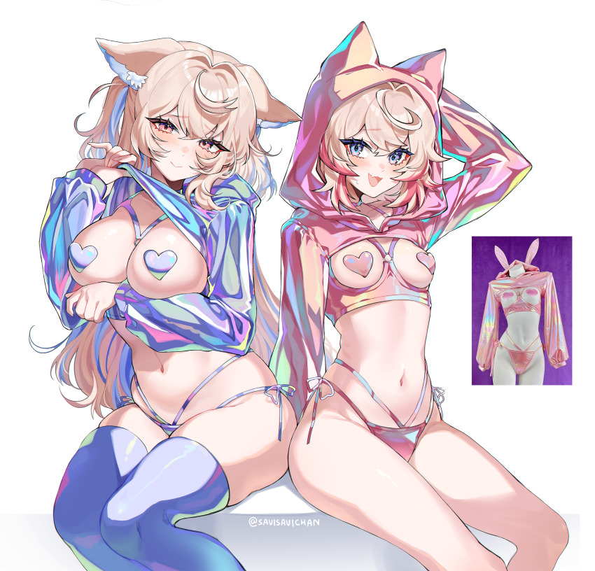 2girls :&gt; absurdres ahoge animal_ear_hood animal_ears bikini blonde_hair blue_eyes blush breasts clothes_lift covered_erect_nipples cupless_bikini dog_ears dog_girl fake_animal_ears fang feet_out_of_frame fuwawa_abyssgard hand_up highres hololive hololive_english hood hood_down hood_up iridescent long_eyelashes long_hair long_sleeves looking_at_viewer meme_attire_request mococo_abyssgard multicolored_hair multiple_girls navel open_mouth pasties photo-referenced photo_inset pink_eyes savi_(byakushimc) shirt_lift short_hair siblings side-tie_bikini_bottom sisters skin_fang smile streaked_hair sweatdrop swimsuit thighhighs twins twitter_username virtual_youtuber white_background
