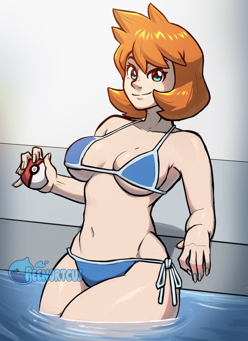 1girl bikini blue_bikini blue_eyes blush breasts cleavage closed_mouth female_focus green_eyes gym_leader highres holding holding_poke_ball large_breasts looking_at_viewer medium_breasts medium_hair misty_(pokemon) navel nintendo orange_hair partially_submerged peenortacus poke_ball poke_ball_(basic) pokemon pokemon_gsc pokemon_hgss short_hair side-tie_bikini_bottom side-tie_clothing side-tie_swimsuit smile solo standing swimsuit thick_thighs thighs underboob water wide_hips