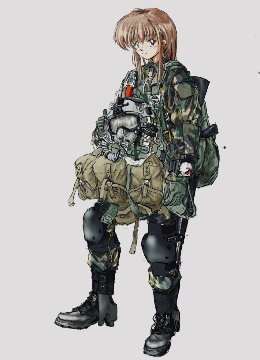 1girl absurdres assault_rifle aviator_goggles bag brown_eyes brown_hair combat_helmet full_body gloves green_gloves grey_background gun helmet highres knee_pads looking_at_viewer m16 military_combat_uniform military_uniform multimeter original oxygen_mask rifle sidelocks simple_background solo thumbs_up user_mftm2247 weapon