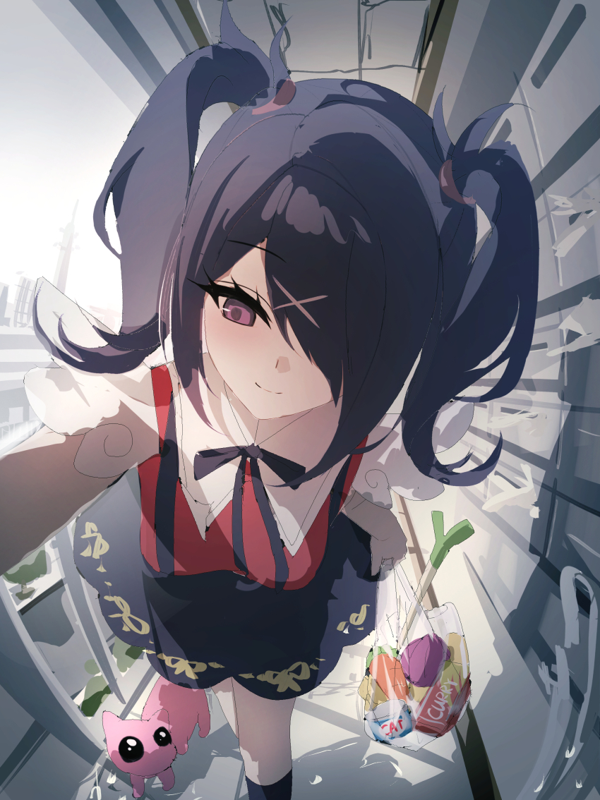1girl absurdres ame-chan_(needy_girl_overdose) black_hair black_skirt commentary hair_ornament highres junpaku_karen medium_hair needy_girl_overdose pien_cat_(needy_girl_overdose) purple_eyes red_shirt shirt skirt solo spring_onion twintails x_hair_ornament