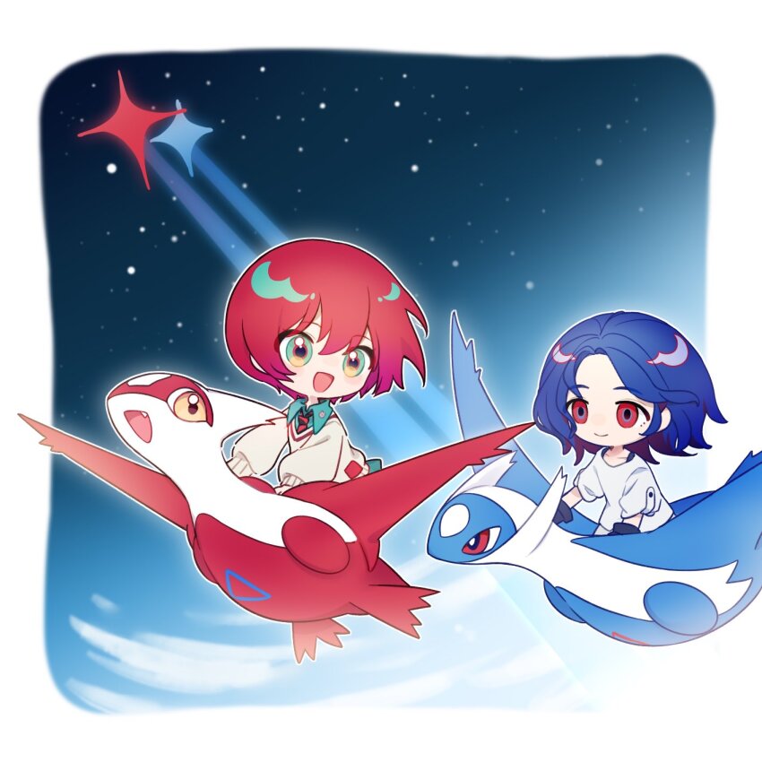 1boy 1girl amate_yuzuriha aqua_eyes aqua_shirt aqua_skirt blue_hair blush chibi claws closed_mouth cloud collared_shirt colored_inner_hair comet creator_connection flying gen_3_pokemon gloves gundam gundam_gquuuuuux highres holding latias latios legendary_pokemon long_sleeves multicolored_hair necktie nintendo nishina_plus open_mouth pokemon pokemon_(creature) purple_hair red_eyes red_hair riding riding_pokemon school_uniform shirt short_hair shuji_ito skirt sky smile sweater two-tone_hair white_shirt wings yellow_eyes