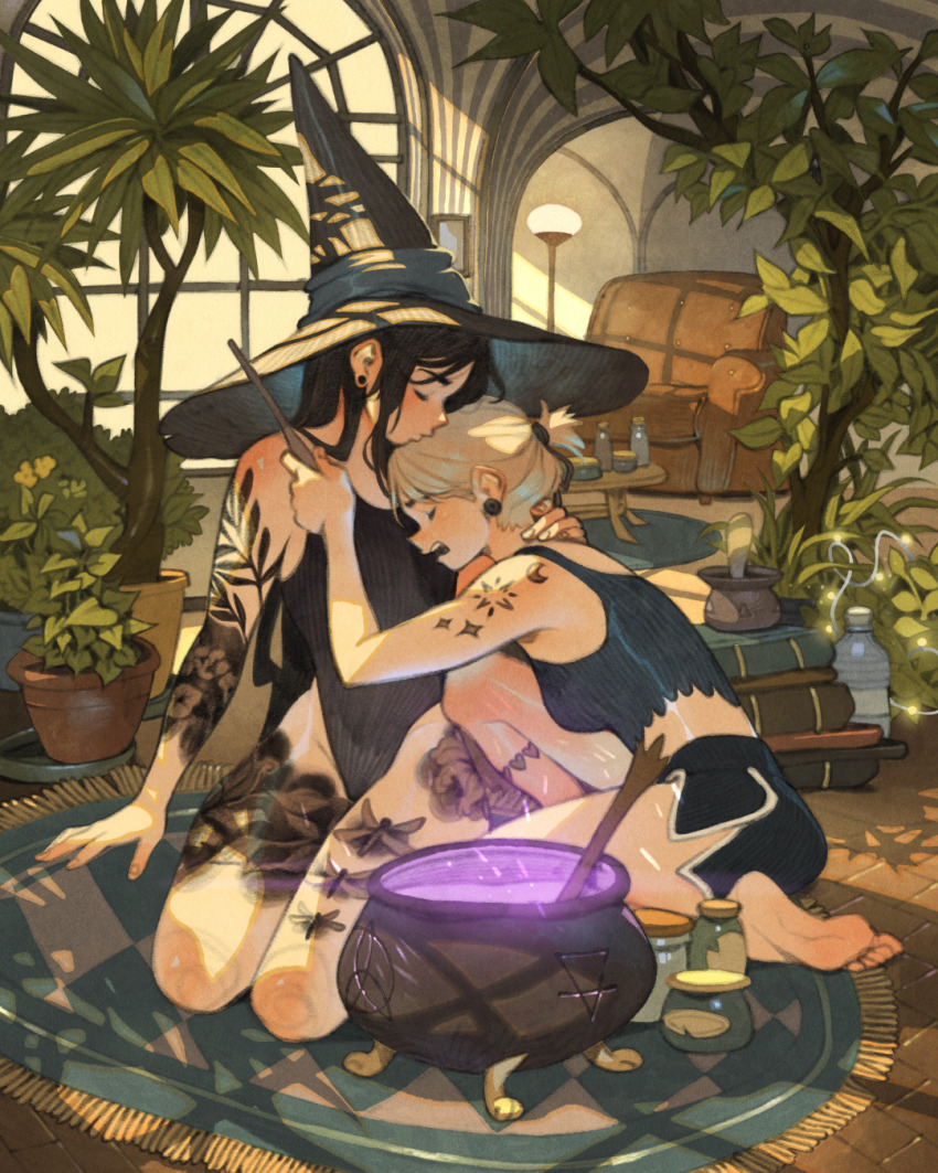 2girls arm_tattoo armchair barefoot black_camisole black_hair black_hat black_one-piece_swimsuit black_shorts blonde_hair book book_stack bottle brick_road camisole cauldron chair closed_eyes coffee_table comforting crying earrings feet floor_lamp glowing grey_ribbon hand_on_another&#039;s_neck hat hat_ribbon highres holding holding_wand indoors jar jewelry kissing_hair kneeling lamp leaning_on_person leg_tattoo long_hair mortar_(bowl) multiple_girls on_one_knee one-piece_swimsuit original pestle plant ponytail potted_plant ribbon rug runes short_hair short_ponytail short_shorts shorts simz string_of_light_bulbs swimsuit table tattoo teeth toes tree upper_teeth_only wand water_bottle window window_shadow witch_hat yuri