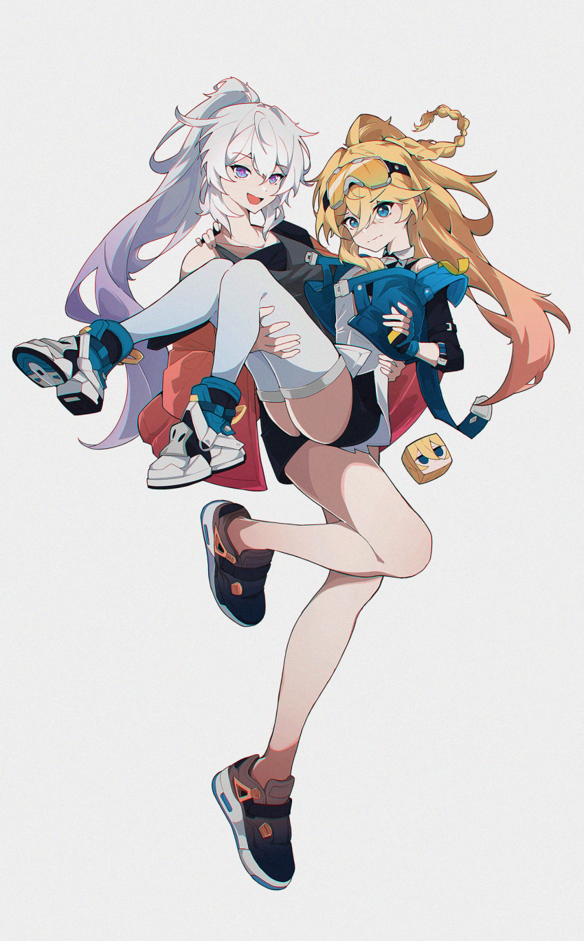 2girls ahoge alternate_costume black_shoes blonde_hair blue_eyes braid carrying carrying_person commentary durandal_(honkai_impact) durandal_(reign_solaris)_(honkai_impact) fingerless_gloves full_body gloves goggles goggles_on_head hair_between_eyes highres honkai_(series) honkai_impact_3rd jacket kiana_kaslana kiana_kaslana_(herrscher_of_finality) long_hair looking_at_viewer messy_hair multiple_girls open_mouth ponytail postalworks shoes shorts simple_background smile standing standing_on_one_leg thighhighs twintails very_long_hair white_background white_hair white_thighhighs