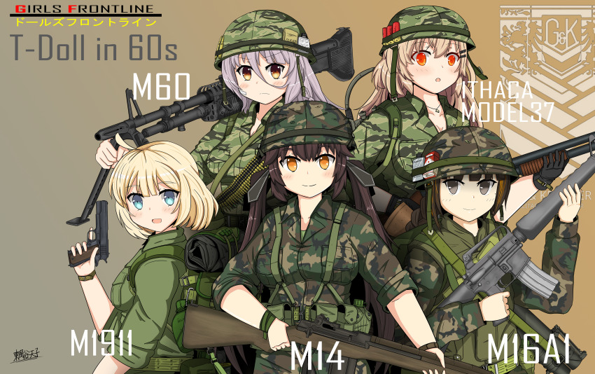 12-gauge 1960s_(style) 5girls 7.62x51mm_nato absurdres ahoge alternate_costume ammunition ammunition_belt assault_rifle battle_rifle camouflage cartridge character_name cigarette_pack combat_helmet commentary_request fully_powered_cartridge girls&#039;_frontline gun handgun hat helmet highres huge_filesize ithaca_m37 lmg_cartridge m13_link m14 m14_(girls&#039;_frontline) m16 m16a1 m16a1_(girls&#039;_frontline) m1911 m1911_(girls&#039;_frontline) m1_helmet m37_(girls&#039;_frontline) m60_(girls&#039;_frontline) m60_(machine_gun) machine_gun military military_cartridge military_combat_uniform military_hat military_uniform multiple_girls oldschool pump_action retro_artstyle rifle rifle_cartridge shotgun shotgun_shell toramaru-913 vietnam_war weapon