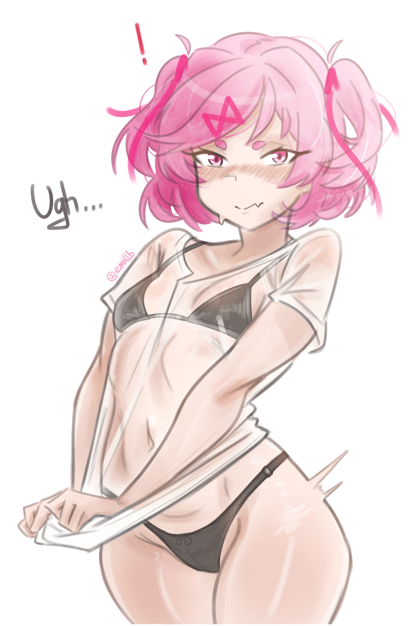 ! 1girl absurdres adjusting_clothes artist_name bikini bikini_under_clothes black_bikini blush bob_cut breasts closed_mouth commentary covered_navel cowboy_shot doki_doki_literature_club embarrassed emiillb english_commentary english_text fang groin hair_ornament highres light_smile looking_at_viewer loose_hair_strand messy_hair motion_blur natsuki_(doki_doki_literature_club) navel nose_blush pink_eyes pink_hair see-through_clothes see-through_shirt shiny_skin shirt shirt_tug short_eyebrows short_hair short_sleeves signature simple_background skin_fang small_breasts smile solo standing string_bikini swept_bangs swimsuit thick_eyebrows twitter_username two_side_up v_arms wet wet_clothes wet_shirt white_background x_hair_ornament