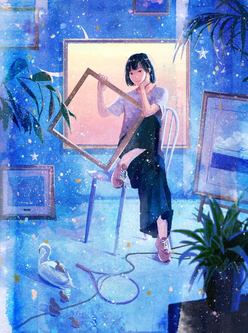 1girl arm_support bird black_eyes black_hair blue_theme chair commentary constellation female_focus highres indoors light_particles light_smile looking_at_viewer nakamura_yukihiro original painting_(object) picture_frame plant potted_plant racket shoes short_hair sitting sneakers solo star_(symbol) surreal swan tennis_racket