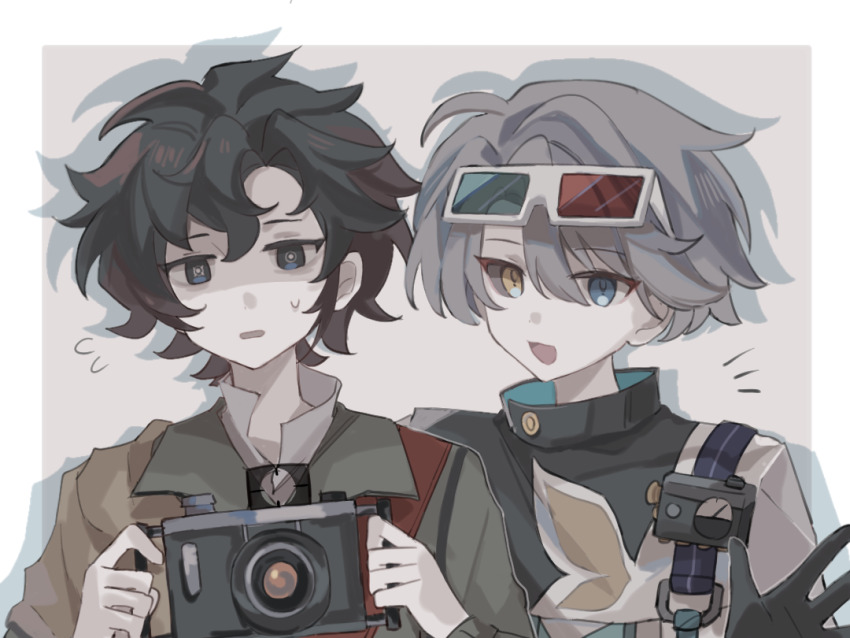 2boys 3d_glasses :d black_coat black_eyes black_hair black_sclera blue_eyes border brown_background brown_scarf camera click_(reverse:1999) coat collared_shirt colored_sclera eyewear_on_head flying_sweatdrops gloves green_jacket grey_gloves grey_hair hand_up heterochromatic_eyewear high_collar holding holding_camera jacket long_sleeves looking_at_viewer male_focus mismatched_sclera multiple_boys open_mouth outside_border reverse:1999 scarf shaded_face shirt simple_background smile sweat symbol-shaped_pupils tinted_eyewear white_border white_shirt x_(reverse:1999) xuanfeng_mao_mao_dan_baofan yellow_eyes