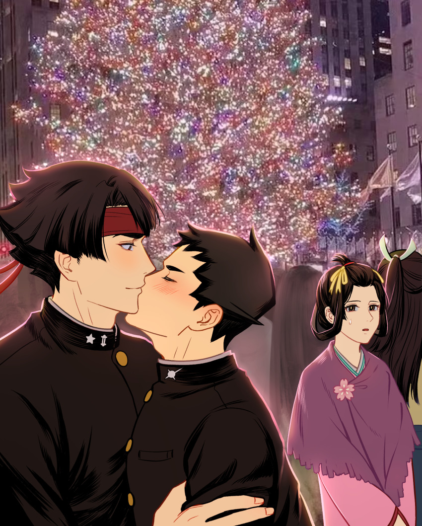 2boys 2girls ace_attorney black_eyes black_hair black_jacket blush buttons capelet closed_eyes closed_mouth gakuran hair_ribbon hand_on_another&#039;s_arm headband highres jacket japanese_clothes kaze_(yznyttdgs) kazuma_asogi kimono kiss kissing_cheek multiple_boys multiple_girls night open_mouth outdoors people pink_kimono purple_capelet red_headband rei_membami ribbon ryunosuke_naruhodo school_uniform short_hair smile susato_mikotoba sweat the_great_ace_attorney yaoi yellow_ribbon