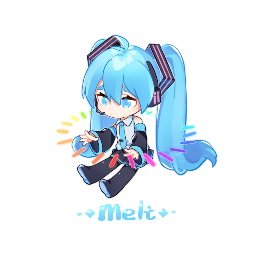 1girl antenna_hair arin_(fanfan013) black_boots black_skirt black_sleeves blue_eyes blue_hair blue_necktie boots chinese_commentary closed_mouth collared_shirt commentary_request detached_sleeves floating full_body grey_shirt hair_ornament hands_up hatsune_miku headset highres long_hair melt_(vocaloid) necktie open_hands outstretched_arms outstretched_legs piano_keys pleated_skirt rainbow_order shirt skirt sleeveless sleeveless_shirt smile solo song_name thick_eyebrows thigh_boots tie_clip transparent_background twintails very_long_hair vocaloid
