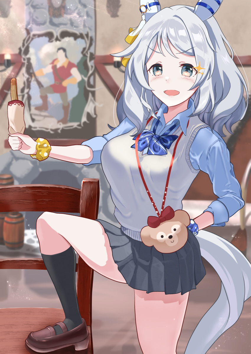1girl :d absurdres alternate_costume beauty_and_the_beast_(disney) black_skirt black_socks blue_bow blue_bowtie blue_scrunchie blue_shirt blush bow bowtie brown_shoes churro collared_shirt disneyland food gaston grey_eyes grey_hair grey_vest highres hishi_miracle_(umamusume) holding holding_food horse_girl kneehighs loafers medium_hair open_mouth pleated_skirt school_uniform scrunchie shirt shoes skirt sleeves_rolled_up smile socks solo sweater_vest taki_rentaro umamusume vest wrist_scrunchie yellow_scrunchie