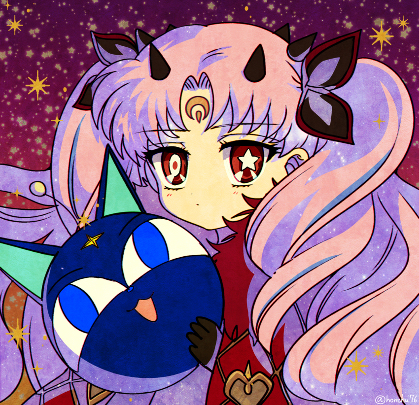 1girl aged_down animal_ears ball bishoujo_senshi_sailor_moon blush cat_ears closed_mouth dot_mouth eyelashes fate/grand_order fate_(series) highres holding holding_ball honchu horns ishtar_(fate) luna-p multicolored_hair parody pink_hair red_eyes space_ishtar_(fate) space_ishtar_(third_ascension)_(fate) star-shaped_pupils star_(symbol) star_symbol_background style_parody symbol-shaped_pupils two_side_up