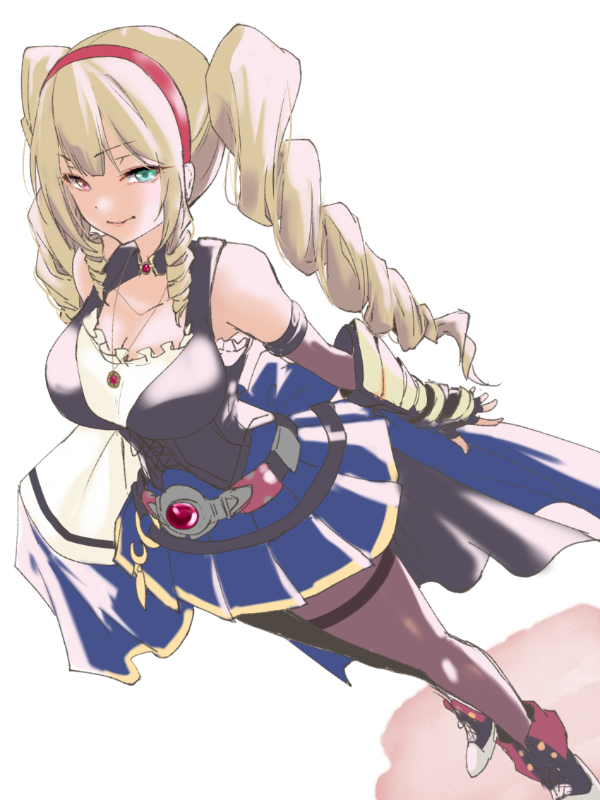 1girl anklet aqua_eyes assault_lily bare_shoulders belt black_belt black_footwear black_gloves black_shirt blonde_hair blue_capelet blue_skirt breasts brown_gloves brown_pantyhose capelet capelet_removed cleavage closed_mouth collarbone commentary_request drill_hair dutch_angle elbow_gloves fingerless_gloves foot_out_of_frame frilled_shirt frills gloves hairband heterochromia highres jewelry komai_sumire long_hair looking_ahead medium_breasts miniskirt necklace odaiba_girls_high_school_uniform pantyhose pendant pink_eyes pleated_skirt red_hairband school_uniform shirt side_drill sidelocks simple_background skirt smirk solo standing thighband_pantyhose twintails two-tone_footwear two-tone_gloves two-tone_shirt urutsu_sahari v-shaped_eyebrows waist_cape white_background white_footwear white_shirt