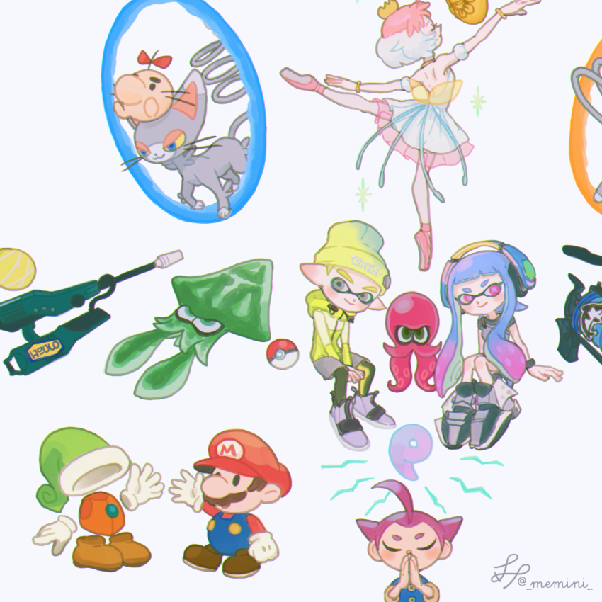 2girls 3boys ahiru_(princess_tutu) ahoge ballet brown_footwear closed_mouth crossover crown doseisan dress gen_4_pokemon giftpia glameow gradient_hair green_hat grey_eyes grey_footwear grey_shirt hat headphones highres inkling inkling_boy inkling_girl inkling_player_character jacket leg_up magatama mario mario_(series) memi_(gamemix) moon_(love-de-lic) mother_(series) mother_2 multicolored_hair multiple_boys multiple_girls nintendo octoling paper_mario paper_mario_(character) pink_eyes player_(moon) poke_ball poke_ball_(basic) pokemon pokkle_(giftpia) portal_(object) portal_(series) praying princess_tutu princess_tutu_(character) purple_hair rayman_limbs red_hat shirt simple_background sitting splatoon_(series) two-tone_hair waving weapon_request white_background white_dress yellow_hat yellow_jacket