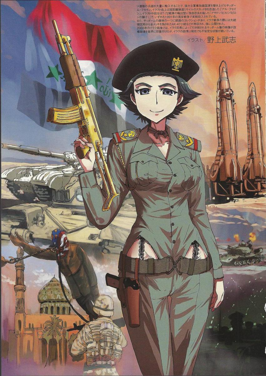 1girl 9p117 ak-47 akm akms american_flag assault_rifle ballistic_missile beret black_eyes black_garter_belt black_garter_straps black_hair breasts caterpillar_tracks collarbone combat_helmet desert dictator eyebrows garter_belt garter_straps genderswap genderswap_(mtf) gun handgun hat helmet highres holster iraqi_flag kalashnikov_rifle looking_at_viewer mc_axis medium_breasts middle_eastern_architecture military military_combat_uniform military_fatigues military_operator military_uniform military_vehicle missile missile_vehicle moire mosque motor_vehicle nogami_takeshi nyotaika!!_sekai_no_dokusaisha_retsuden pistol r-17 rifle saddam_hussein scan scud_launcher scud_missile short_hair soldier statue tank thigh_gap transporter_erector_launcher vehicle war weapon