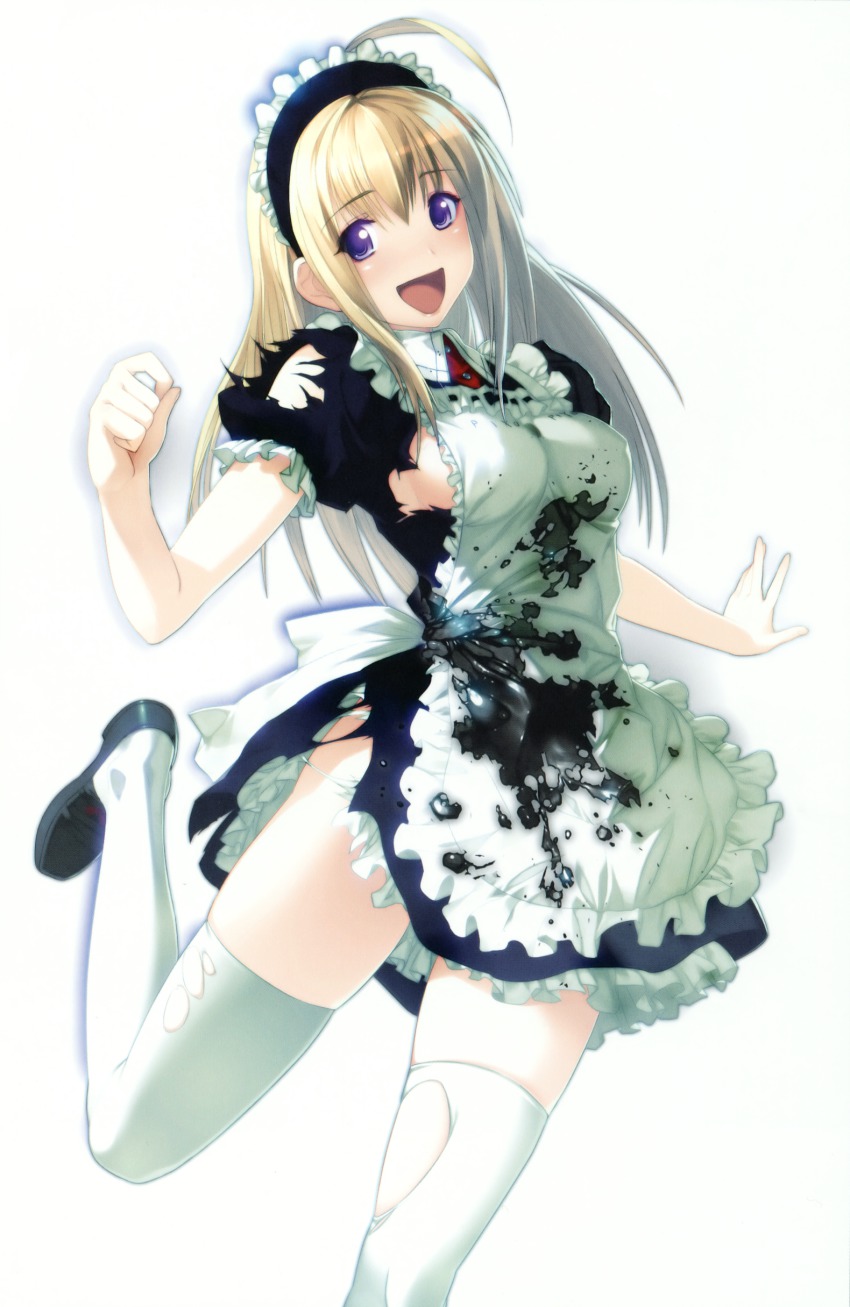 1girl absurdres ahoge anna_(gekkou_no_carnevale) blonde_hair breasts dissolving_clothes female_focus gekkou_no_carnevale hairband highres large_breasts long_hair looking_at_viewer maid oosaki_shin&#039;ya open_mouth purple_eyes sideboob smile solo thighhighs torn_clothes torn_thighhighs zettai_ryouiki