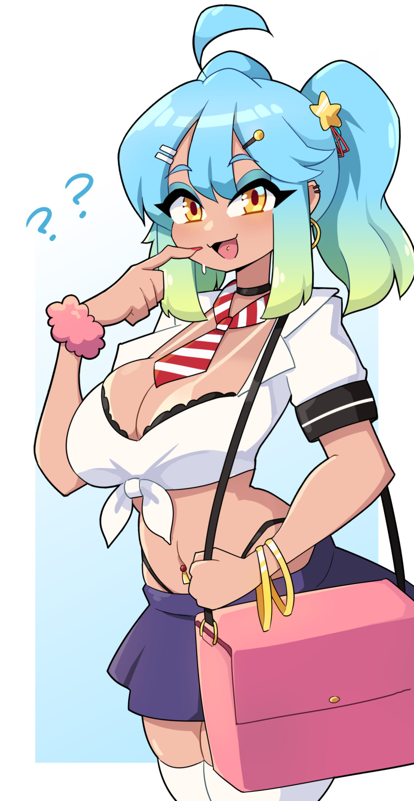 1girl ? ?? absurdres ahoge black_skirt blue_eyeshadow blue_hair borrowed_character bracelet breasts brown_eyes cleavage daigada eyeshadow green_hair gyaru hair_ornament hairclip highres ii_(peps_art) jewelry large_breasts looking_at_viewer makeup necktie open_mouth original piercing ponytail short_ponytail short_sleeves skirt smile solo star_(symbol) star_hair_ornament tan tanline thighhighs tongue tongue_piercing white_thighhighs