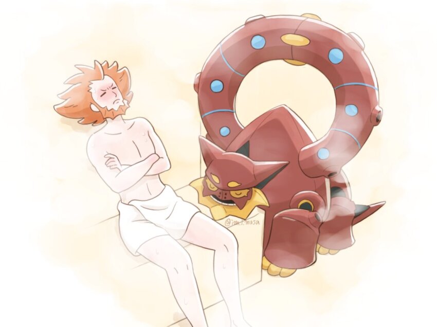 1boy beard closed_eyes closed_mouth collarbone commentary crossed_arms facial_hair frown gen_6_pokemon im_i_masa knees leaning_back legendary_pokemon lysandre_(pokemon) male_focus mythical_pokemon naked_towel nintendo orange_hair pokemon pokemon_(creature) pokemon_xy sauna short_hair sitting steam symbol-only_commentary topless_male towel twitter_username u_u volcanion watermark