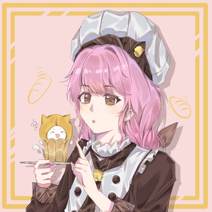 1girl :o ^_^ animal apron ascot baguette blunt_bangs blush_stickers bow bread brown_ascot brown_bow brown_eyes buttons cat chef_hat cloak closed_eyes clothed_animal commentary_request cqmuzimian cup ear_covers eyelashes flat_top_chef_hat food frilled_apron frills hair_bow happy hat highres holding holding_saucer hood hood_up hooded_cloak infinity_nikki long_hair long_sleeves looking_at_animal low_twintails momo_(nikki) motion_lines nikki_(nikki) nikki_(series) open_mouth outside_border petting picture_frame pink_background pink_hair saucer shout_lines smile striped_ascot sweet_traces_(infinity_nikki) teacup teeth twintails undersized_animal upper_body upper_teeth_only whiskers white_apron white_cat white_hat yellow_cloak