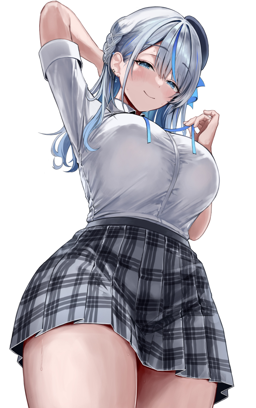 1girl absurdres amagai_ruka arm_behind_head arm_up black_hat black_skirt blue_eyes blue_ribbon blue_streaks blush braid breasts collared_shirt colored_inner_hair commentary_request earrings from_below grey_hair hair_between_eyes hand_up hat highres holding holding_ribbon jewelry large_breasts looking_at_viewer multicolored_hair plaid_clothes plaid_skirt pleated_skirt ribbon shirt shirt_tucked_in short_sleeves side_braid simple_background skirt smile solo standing streaked_hair sweat thighs tongue virtual_youtuber weather_planet white_background white_shirt ya_ta