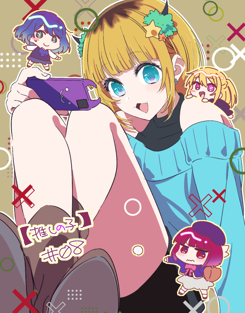 :3 aqua_eyes arima_kana blonde_hair blue_headwear blue_jacket blue_sweater blunt_bangs bob_cut bow brown_hair commentary demon_horns episode_title fake_horns grey_skirt highres hirayama_kanna horns hoshino_ruby inverted_bob jacket kurokawa_akane long_hair long_sleeves looking_at_viewer medium_hair mem-cho multicolored_hair off-shoulder_sweater off_shoulder open_mouth oshi_no_ko pink_bow pink_eyes red_eyes red_hair roots_(hair) school_uniform short_hair skirt smile star-shaped_pupils star_(symbol) star_in_eye sweater symbol-shaped_pupils symbol_in_eye youtou_high_school_uniform