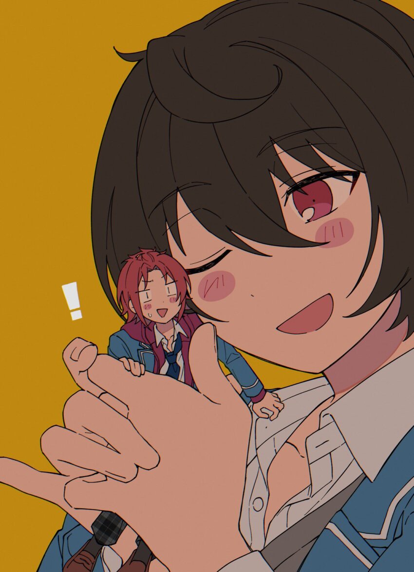 ! 2boys ;d bishounen black_footwear black_hair black_socks blazer blue_jacket blue_necktie brown_footwear cheek-to-cheek collared_shirt curtained_hair ensemble_stars! hair_between_eyes hand_rest hands_up heads_together highres holding holding_mini_person hood hoodie implied_yaoi in_palm isara_mao jacket jacket_over_hoodie loafers long_sleeves looking_ahead looking_at_another male_focus middle_part mini_person multiple_boys necktie nervous_smile niyororinpayamaru one_eye_closed open_mouth pants pink_hair pink_hoodie plaid_clothes plaid_pants sakuma_ritsu school_uniform shirt shoes short_hair sideways_glance simple_background size_difference smile socks triangle_mouth two-handed white_shirt wing_collar yellow_background yumenosaki_school_uniform