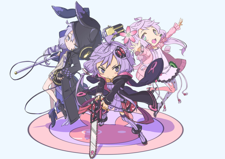 3girls absurdres animal_hood anklet arms_up asymmetrical_legwear belt black_gloves black_hoodie blush_stickers boots brown_dress cable carrying_over_shoulder chainsaw chibi closed_mouth commentary_request dress expressionless fingerless_gloves full_body gloves hair_ornament headphones high_heel_boots high_heels highres holding holding_chainsaw holding_microphone_stand hood hood_down hood_up hooded_coat hoodie jewelry light_purple_hair looking_at_viewer microphone microphone_stand mismatched_legwear multicolored_eyes multiple_girls multiple_persona open_clothes open_hoodie open_mouth pink_hoodie purple_dress purple_hair purple_thighhighs rabbit_hood ribbed_dress ribbed_thighhighs sayonara_chainsaw_(vocaloid) shiratama_(siratama5656) short_dress short_hair_with_long_locks smile split_mouth thighhighs two-handed two-tone_hoodie vocaloid voiceroid yuzuki_yukari yuzuki_yukari_(lin) yuzuki_yukari_(onn)
