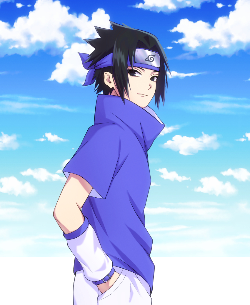 1boy absurdres black_eyes black_hair blue_shirt blue_sky closed_mouth cloud forehead_protector hand_in_pocket highres konohagakure_symbol looking_at_viewer male_focus mochiii-s naruto_(classic) naruto_(series) shirt short_hair short_sleeves shorts sky smile solo uchiha_sasuke white_shorts