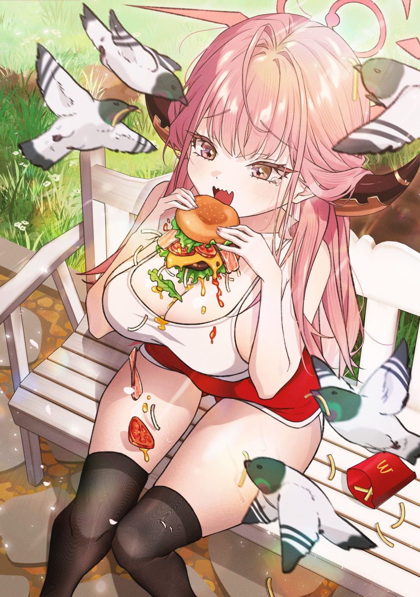 absurdres ahoge aru_(blue_archive) bare_arms bare_shoulders bird black_horns black_thighhighs blue_archive breasts burger cleavage commentary eating fang feet_out_of_frame food food_theft french_fries grass halo hands_up hibi2scus highres holding holding_food horns large_breasts light_blush long_hair mcdonald&#039;s on_bench open_mouth outdoors pigeon pink_hair pink_halo red_shorts shorts sitting skin_fang tank_top tearing_up thighhighs white_tank_top yellow_eyes