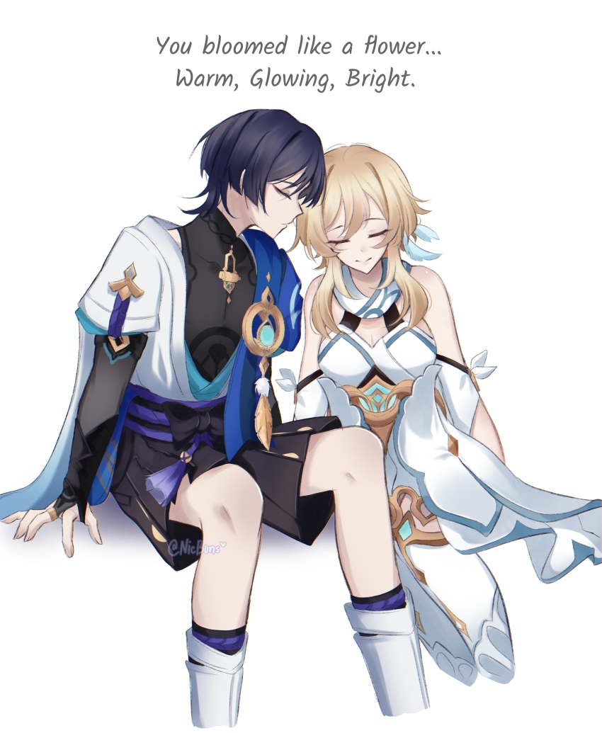 1boy 1girl absurdres arm_cutout arm_support armor arms_at_sides bare_shoulders belt black_belt black_bodysuit black_bow black_bridal_gauntlets black_hair black_leggings black_shorts blonde_hair blue_cape blue_feathers blue_gemstone blue_kimono blue_sleeves blue_trim blunt_ends bodysuit bow breasts bridal_gauntlets cape cleavage closed_eyes covered_collarbone detached_sleeves dress english_text eyelashes eyeliner eyeshadow facing_another facing_down feather_hair_ornament feathers fingernails furisode gem genshin_impact gold gold_ring hair_between_eyes hair_ornament hakama hakama_shorts halterneck heads_together highres japanese_armor japanese_clothes juban kimono kote kurokote layered_sleeves leg_warmers leggings legs_together lumine_(genshin_impact) makeup mandarin_collar middle_ring nicbuns open_clothes open_hand open_kimono pleated_shorts pom_pom_(clothes) purple_rope purple_sash red_eyeliner red_eyeshadow rope sash scaramouche_(genshin_impact) scarf short_hair short_hair_with_long_locks short_sleeves shorts shoulder_peek sidelocks sitting smile split_mouth tassel thighhighs wanderer_(genshin_impact) white_background white_dress white_kimono white_leg_warmers white_scarf white_sleeves white_thighhighs white_trim yellow_feathers