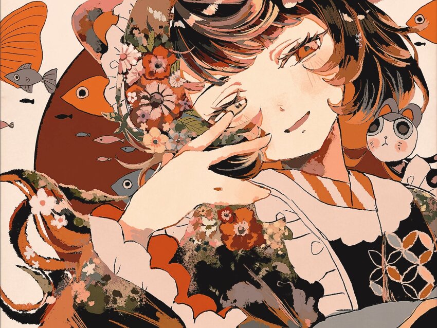 1girl animal_ears animal_hair_ornament blush dog_ears eyelashes fish flower frills hand_on_own_face hashtag-only_commentary head_tilt heterochromia highres inui_toko inui_toko_(1st_costume) long_hair maid_headdress nijisanji nose_blush open_mouth portrait sepia smile solo surreal swept_bangs virtual_youtuber wasabi_natsume