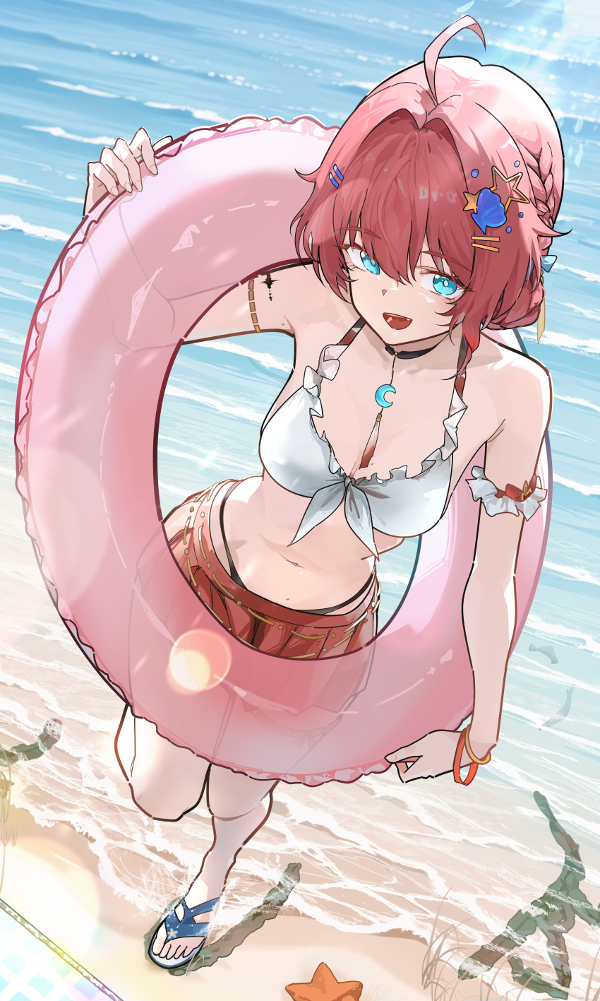 1girl absurdres ahoge alternate_costume bare_legs bare_shoulders beach bikini black_bikini blue_eyes braid breasts cleavage commentary danjin_(wuthering_waves) english_commentary frilled_bikini_top front-tie_bikini_top front-tie_top hair_intakes hair_ornament highres holding holding_swim_ring innertube jewelry legs long_hair looking_at_viewer medium_breasts mismatched_bikini navel ocean open_mouth red_hair red_skirt revision ryeon_(naturesan) sand sandals short_hair skirt smile standing standing_on_one_leg stomach swim_ring swimsuit tacet_mark_(wuthering_waves) thighlet toes white_bikini wuthering_waves
