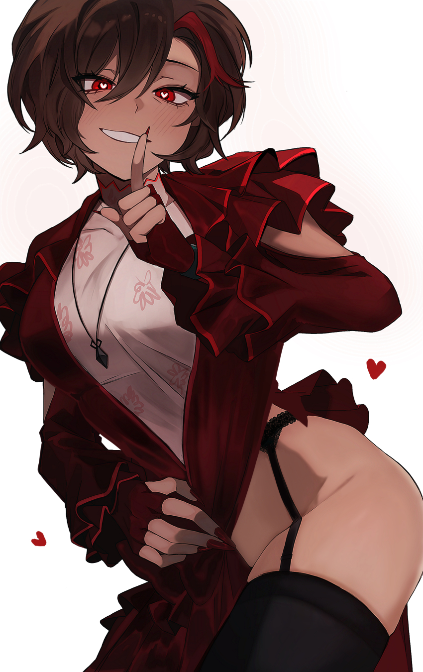absurdres dress garter_belt heart heart-shaped_pupils highres jewelry la_manchaland_(identity)_(project_moon) limbus_company multicolored_hair necklace outis_(project_moon) project_moon red_dress red_eyes streaked_hair symbol-shaped_pupils tagme thighhighs yippee