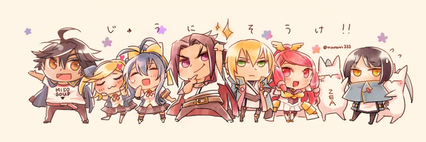 3girls 4boys :3 :d ahoge antenna_hair arm_up armor armored_dress arms_up belt black_hair black_legwear black_pants blazblue blazblue:_chronophantasma blazblue_remix_heart blonde_hair blue_hair blush bow breasts brown_eyes brown_hair cape chibi closed_eyes covered_mouth dark_skin detached_sleeves dress eyebrows faulds forked_eyebrows frown genderswap genderswap_(mtf) gloves green_eyes hair_bow hair_ornament hair_ribbon hair_tubes hands_on_own_cheeks hands_on_own_face heart hibiki_kohaku izayoi_(blazblue) kagura_mutsuki kisaragi_jin long_hair mai_natsume military military_uniform miniskirt multiple_boys multiple_girls nunun o/ open_mouth orange_eyes outstretched_arms pakumen pants pantyhose ponytail purple_eyes red_eyes red_hair ribbon school_uniform shiori_kirihito shirt short_hair simple_background skirt smile star_(symbol) sweat sweatdrop t-shirt taro_sasagae thighhighs two_side_up zettai_ryouiki
