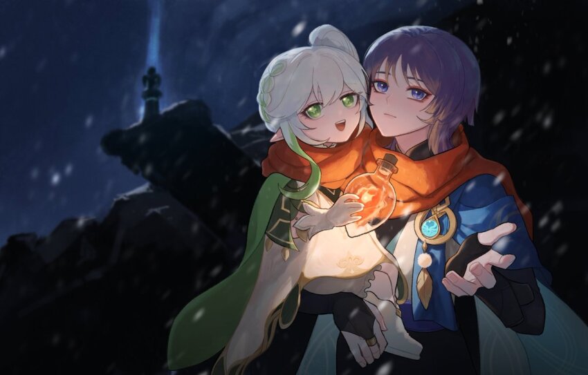 1boy 1girl anemo_symbol_(genshin_impact) aqua_gemstone aqua_kimono armor black_bodysuit bloomers blue_cape blunt_ends bodysuit bridal_gauntlets bright_pupils cape carrying carrying_person closed_mouth corked_bottle cross-shaped_pupils detached_sleeves dress eyelashes eyeliner eyeshadow feathers fingernails gem genshin_impact gloves gold gold_ring gold_trim green_cape green_eyes green_hair green_pupils green_sleeves hair_between_eyes half_crown_braid han&#039;eri japanese_armor japanese_clothes jar kimono kote kurokote layered_clothes layered_kimono long_hair looking_up makeup mandarin_collar middle_ring multicolored_hair nahida_(genshin_impact) open_hand open_mouth orange_scarf outdoors pointy_ears pom_pom_(clothes) purple_eyes purple_hair red_eyeliner red_eyeshadow sanpaku scaramouche_(genshin_impact) scarf side_ponytail sidelocks sitting_on_arm size_difference socks statue_of_the_seven stephynne streaked_hair symbol-shaped_pupils teeth underwear upper_teeth_only wanderer_(genshin_impact) white_bloomers white_dress white_gloves white_hair white_kimono white_pupils white_socks yellow_feathers