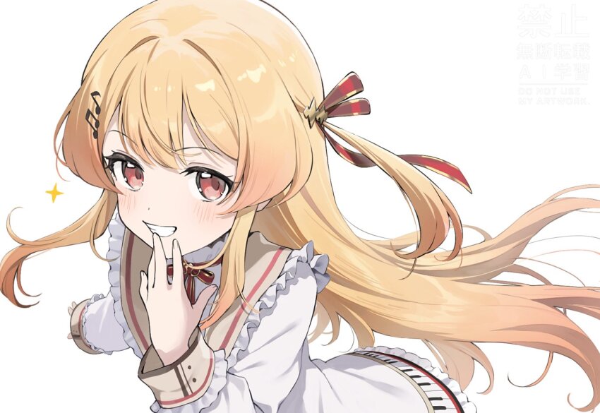 1girl ahoge blonde_hair blush brown_dress brown_sailor_collar dress fortissimo frilled_jacket frills hair_ornament hair_ribbon hololive hololive_dev_is jacket long_hair looking_at_viewer mesugaki mitohas musical_note musical_note_hair_ornament one_side_up otonose_kanade otonose_kanade_(1st_costume) piano_keys piano_print plaid_clothes plaid_dress red_eyes red_ribbon ribbon sailor_collar simple_background smile solo virtual_youtuber white_background