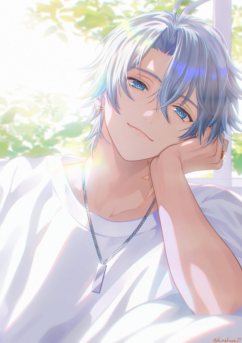 1boy absurdres alternate_costume antenna_hair blue_eyes commentary_request dog_tags gold_ring head_rest highres hinakusa17 honkai:_star_rail honkai_(series) light_smile looking_at_viewer male_focus neck_tattoo parted_bangs phainon_(honkai:_star_rail) shirt short_hair short_sleeves solo tattoo upper_body white_hair white_shirt