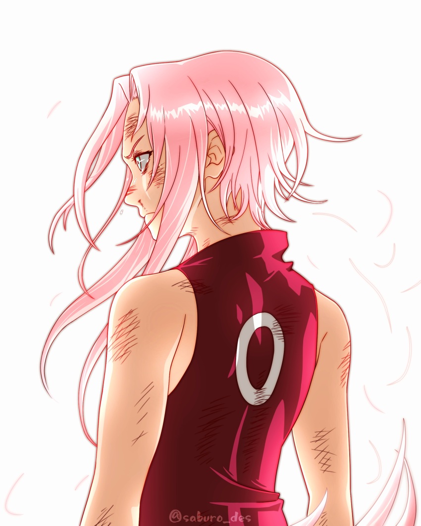1girl absurdres blood bruise bruise_on_face comic_panel_redraw commentary commentary_request derivative_work from_behind frown green_eyes haruno_sakura highres injury naruto_(classic) naruto_(series) nosebleed pink_hair profile saburo_des serious severed_hair short_hair_with_long_locks sidelocks solo symbol-only_commentary twitter_username upper_body watermark