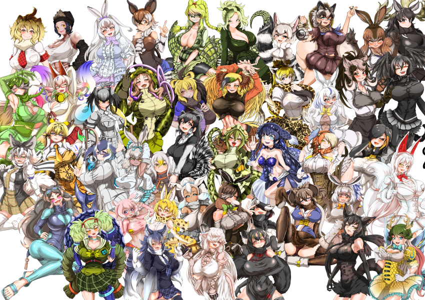 6+girls absurdres alternate_breast_size animal_ears animal_print antlers bald_eagle_(kemono_friends) barbary_lion_(kemono_friends) bare_shoulders beanie black_bow black_hair black_serval_(kemono_friends) blackbuck_(kemono_friends) blonde_hair blue_bow blue_eyes blue_footwear blue_hair blue_whale_(kemono_friends) blush bow breasts brown_hair character_request cleavage crested_porcupine_(kemono_friends) crocodilian_tail cup emperor_penguin_(kemono_friends) european_hare_(kemono_friends) fangs giraffe_print glasses green_bow green_hair green_jacket green_pants grey_hair grey_wolf_(kemono_friends) hair_bow hair_ornament hair_over_one_eye hat head_wings highres hippopotamus_gorgops_(kemono_friends) holding holding_cup horns jacket jackson&#039;s_chameleon_(kemono_friends) japanese_hare_(kemono_friends) japanese_pancake_devilfish_(kemono_friends) kemono_friends kirin_(kemono_friends) light_brown_hair lion_(kemono_friends) lion_ears mammoth_(kemono_friends) moose_(kemono_friends) mountain_hare_(kemono_friends) multicolored_hair multiple_girls navel necktie oinari-sama_(kemono_friends) okapi_(kemono_friends) okapi_ears open_mouth pants print_skirt red-framed_eyewear reticulated_giraffe_(kemono_friends) saltwater_crocodile_(kemono_friends) sandals serval_(kemono_friends) shoebill_(kemono_friends) simple_background skirt smile smilodon_(kemono_friends) snowshoe_hare_(kemono_friends) spectacled_caiman_(kemono_friends) tail tank_top tsukuyomi_shinshi_(kemono_friends) tunndererabu western_lowland_gorilla_(kemono_friends) white_background white_hair white_tank_top wings yak_(kemono_friends) yatagarasu_(kemono_friends)