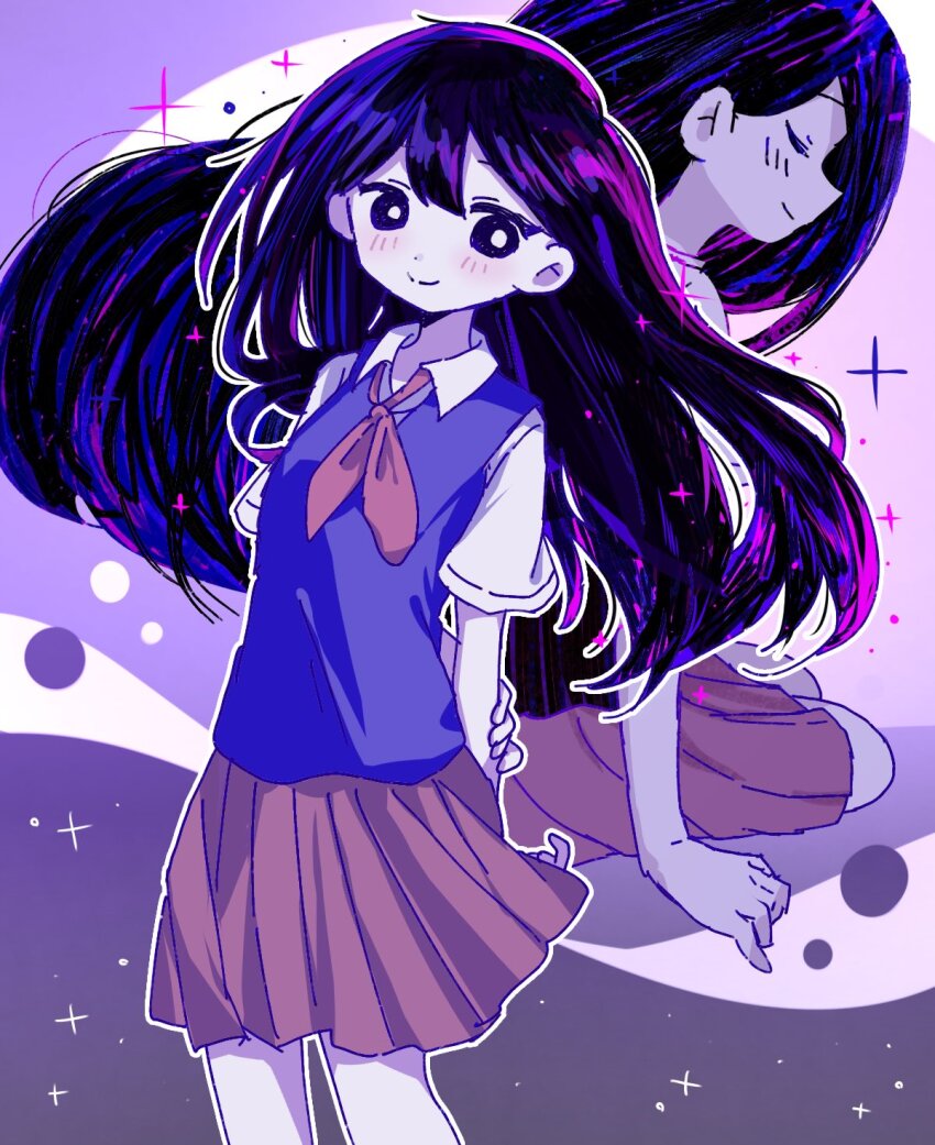 1girl arms_behind_back black_eyes black_hair breasts bright_pupils brown_skirt closed_eyes closed_mouth collared_shirt colored_skin cowboy_shot double-parted_bangs hair_behind_ear hair_between_eyes hand_on_own_arm highres looking_at_viewer mari_(headspace)_(omori) mari_(omori) medium_skirt migimiya_yoru multiple_views neckerchief omori outline pleated_skirt profile purple_background purple_sweater_vest red_neckerchief shirt short_sleeves simple_background sitting skirt small_breasts smile sparkle standing straight_hair sweater_vest u_u white_outline white_pupils white_shirt white_skin wind