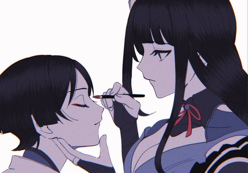 1boy 1girl applying_makeup armor blunt_bangs breasts bridal_gauntlets cleavage closed_eyes closed_mouth clothing_cutout eyeliner from_side genshin_impact hair_between_eyes hair_ornament hand_on_another&#039;s_cheek hand_on_another&#039;s_face hands_up highres holding holding_brush holding_makeup_brush japanese_clothes large_breasts long_hair looking_down makeup makeup_brush mother_and_son nararan_116 neck_ribbon off_shoulder raiden_shogun red_eyeliner red_ribbon ribbon scaramouche_(genshin_impact) scaramouche_(kabukimono)_(genshin_impact) short_hair shoulder_armor shoulder_cutout simple_background standing white_background