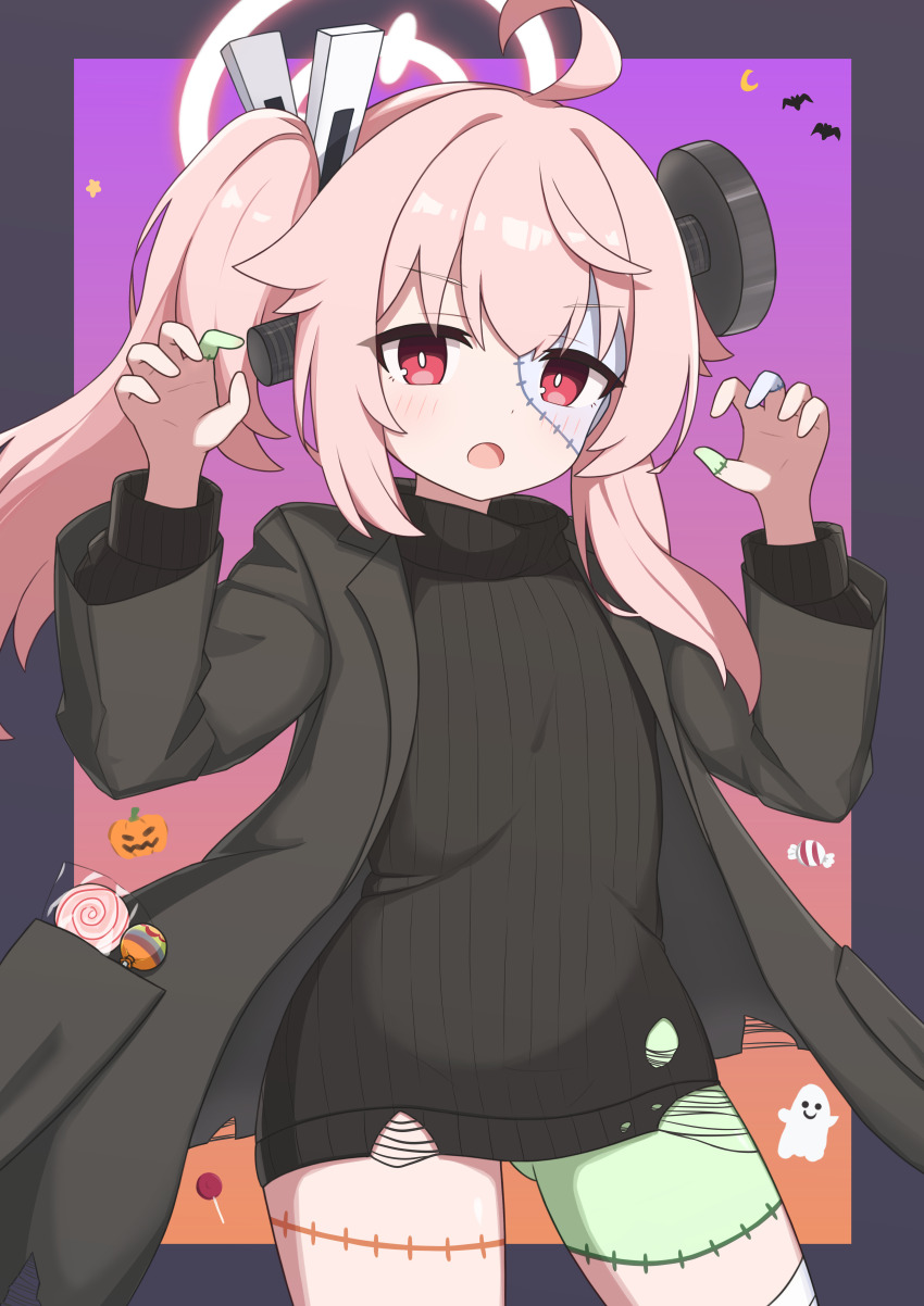 absurdres ahoge animal_print bat_print black_jacket black_sweater blue_archive bolt_(hardware) border candy claw_pose commentary cosplay cowboy_shot crescent_print food frankenstein&#039;s_monster frankenstein&#039;s_monster_(cosplay) gradient_background grey_border halloween halloween_costume halo highres jacket lollipop long_hair looking_at_viewer natsu_(blue_archive) open_clothes open_jacket orange_background pink_hair pink_halo purple_background red_eyes side_ponytail simple_background sweater two-tone_background zddma20
