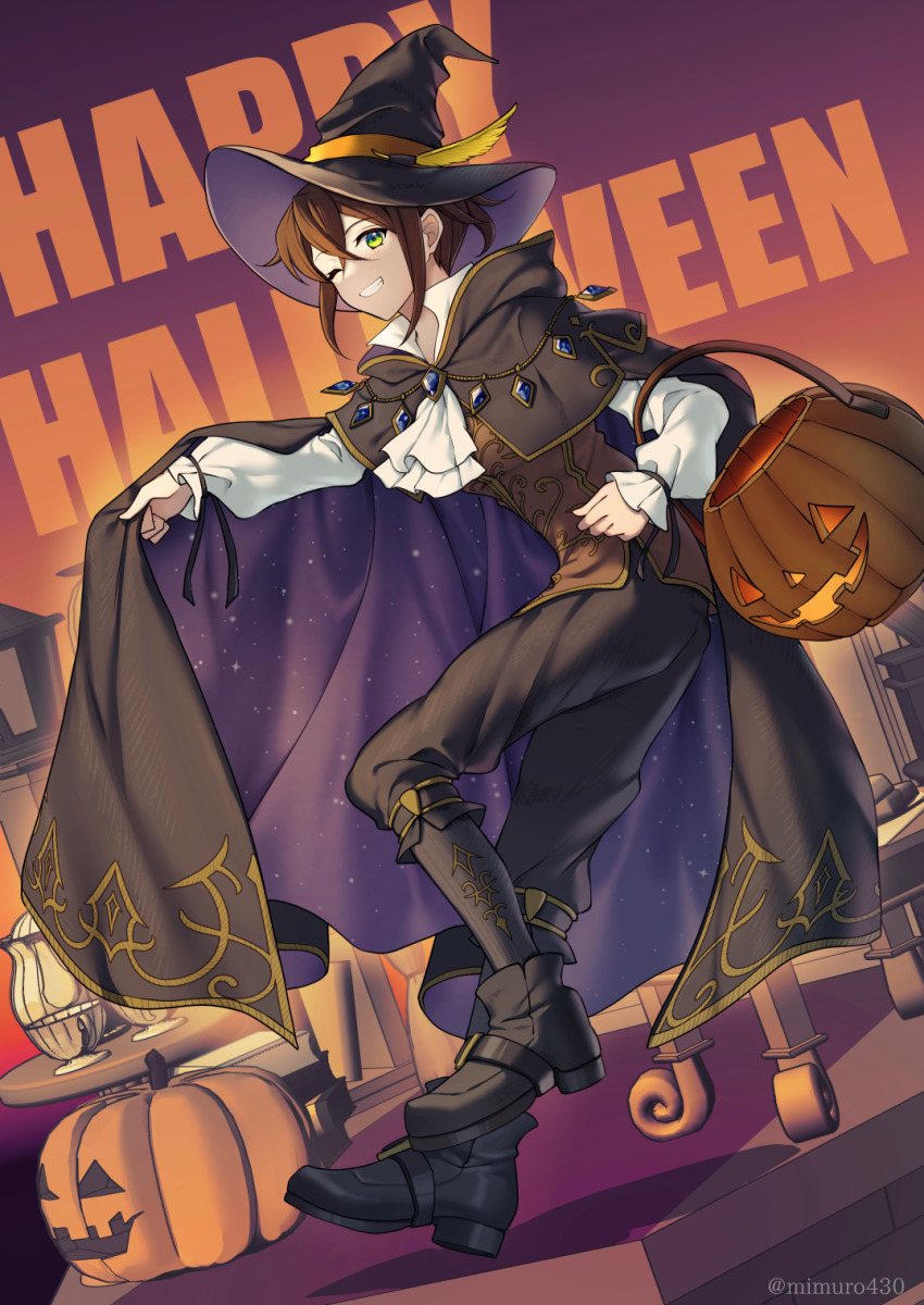 1girl ascot black_cape black_pants black_socks blue_gemstone brown_hair brown_vest cape clenched_hand commentary_request cosplay cup cyrus_albright cyrus_albright_(cosplay) full_body gem gold_trim green_eyes grin halloween halloween_bucket halloween_costume happy_halloween hat highres jack-o&#039;-lantern knee_up looking_at_viewer mmr4304 octopath_traveler octopath_traveler_i one_eye_closed pants purple_cape shirt short_hair smile socks solo teacup tressa_colzione twitter_username two-sided_cape two-sided_fabric vest white_ascot white_shirt witch_hat