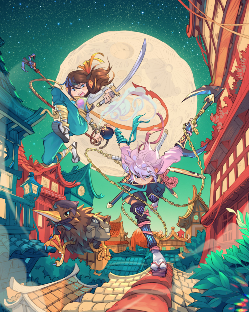 1boy 1girl animal aqua_pants architecture bag balcony bird black_headscarf black_sandals blue_eyes bomb brown_hair cityscape clothed_animal commentary east_asian_architecture explosive foliage full_moon geta grappling_hook green_sky hair_ribbon headscarf highres holding holding_bomb holding_rope holding_sword holding_weapon huge_moon jumping katana kiwi_(bird) kusarigama lantern lit_fuse looking_at_viewer medium_hair moon multicolored_vest naruto_run night night_sky ninja on_roof original outdoors pants pink_hair pink_shirt railing reverse_grip ribbon rope round_window running sandals satchel scabbard sheath shirt short_hair shouting sickle simz sky smoke socks spiked_hair star_(sky) starry_sky sword tile_roof weapon white_shirt white_socks window yellow_ribbon