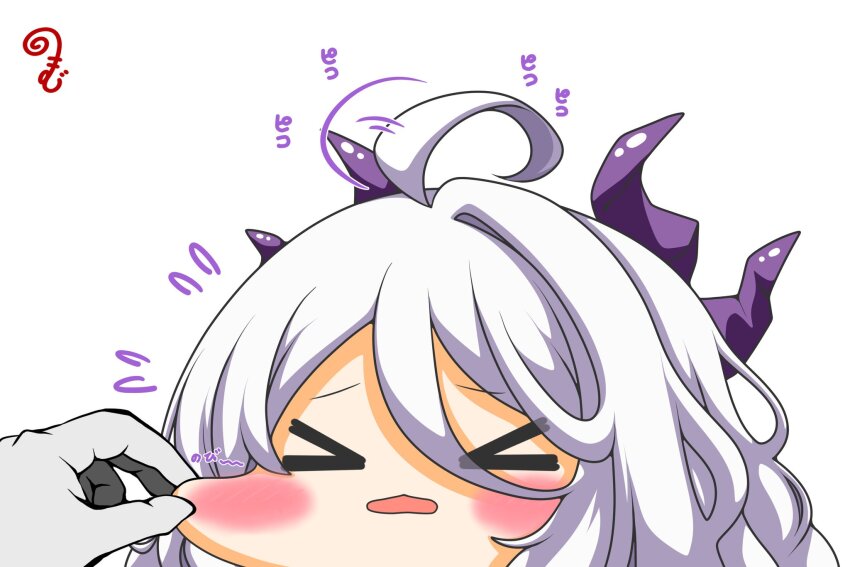 &gt;_&lt; 1girl 1other ahoge blue_archive blush_stickers cheek_pull chibi closed_eyes commentary_request flying_sweatdrops grey_hair hair_between_eyes highres hina_(blue_archive) horns kurukurumagical open_mouth out_of_frame simple_background single_hair_intake solo_focus translation_request white_background